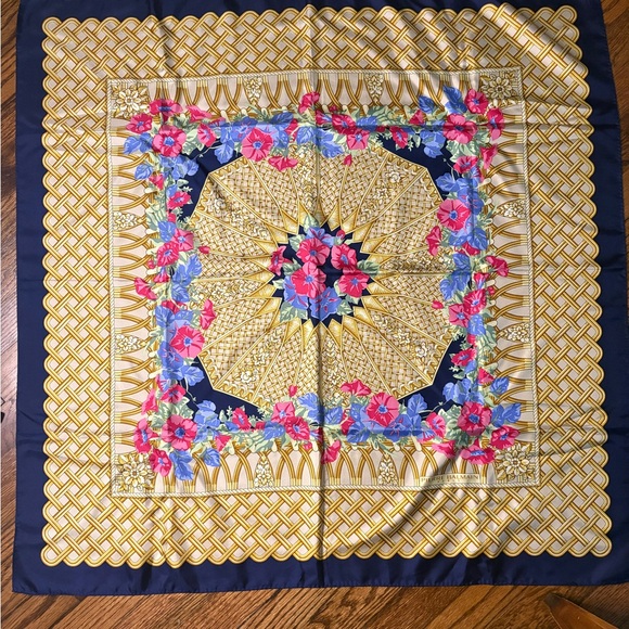 Pierre Balmain Floral Gold and Blue Scarf - Picture 3 of 4